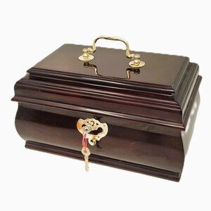 Vintage Mahogany Colored Wooden Jewelry Box Organizer Red Velvet Lined w/Keys